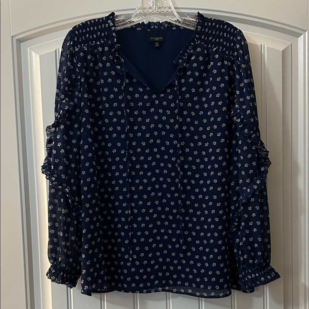Talbots Navy Floral Print Blouse